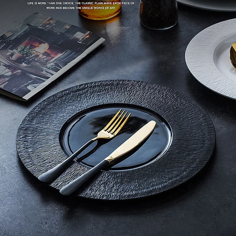 11.85 inch white antique porcelain flat plate embossing unbreakable dish black ceramic  restaurant home serving round dishes