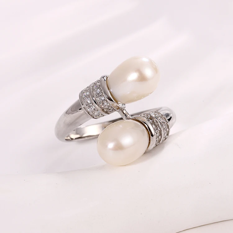 Exquisite Pearl Jewellery Women 925 Sterling Silver Double Shell Natural Freshwater Pearl Stone Adjustable Open Rings