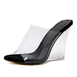 Slip on Style PVC Thick Outsole Sexy PVC Perspex Transparent Sandals Shoes Chunky Platform Wedge Heels for Women