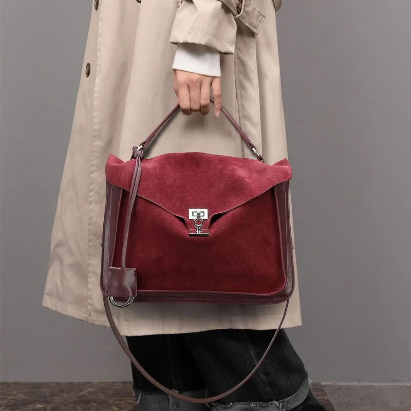 online retailer wholesale trendy women red suede PU leather shoulder bags square handbag