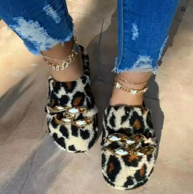 2021 sandals winter new Women Ladies chain Slipper leopard Shoes Furry Fashion Platform Slides Womens Flats Fur Slippers