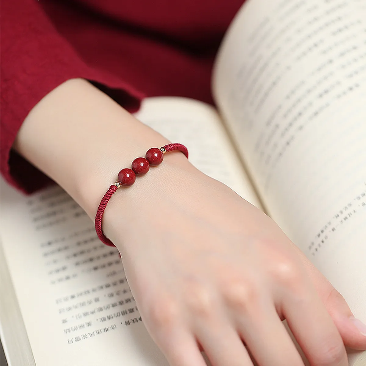 Ethnic Jewelry Red Rope Braided Bracelet 3 Round Onyx Vermilion Macrame Bracelet For Birthday Gift