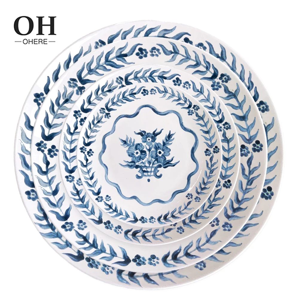 Ohere New arrival vintage blue flower bone china porcelain dinnerware set charger plate decoration vajilla for party and wedding