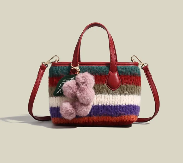Customized knitting wool yarn handbag colorful fur handbags wholesale designer handbag chain tote bags