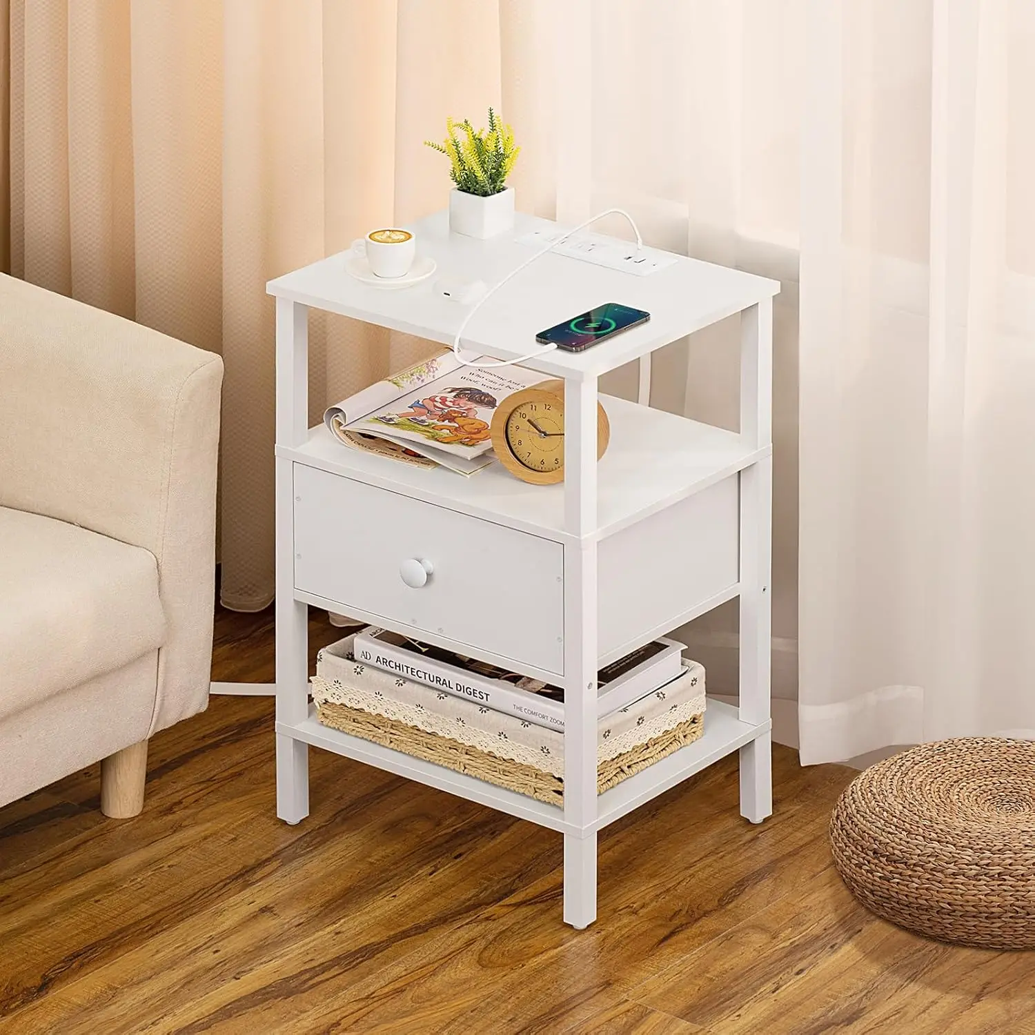 Living Room Bedroom White 3 Tier Storage End Table Drawer Shelf Night Stand Small Spaces Wood Bedside Table Nightstand