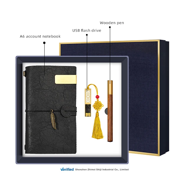 Innovative giveaways new product ideas 32GB USB flash drive with Chinese knot brass wood pen A6 plain notebook luxury gift set
