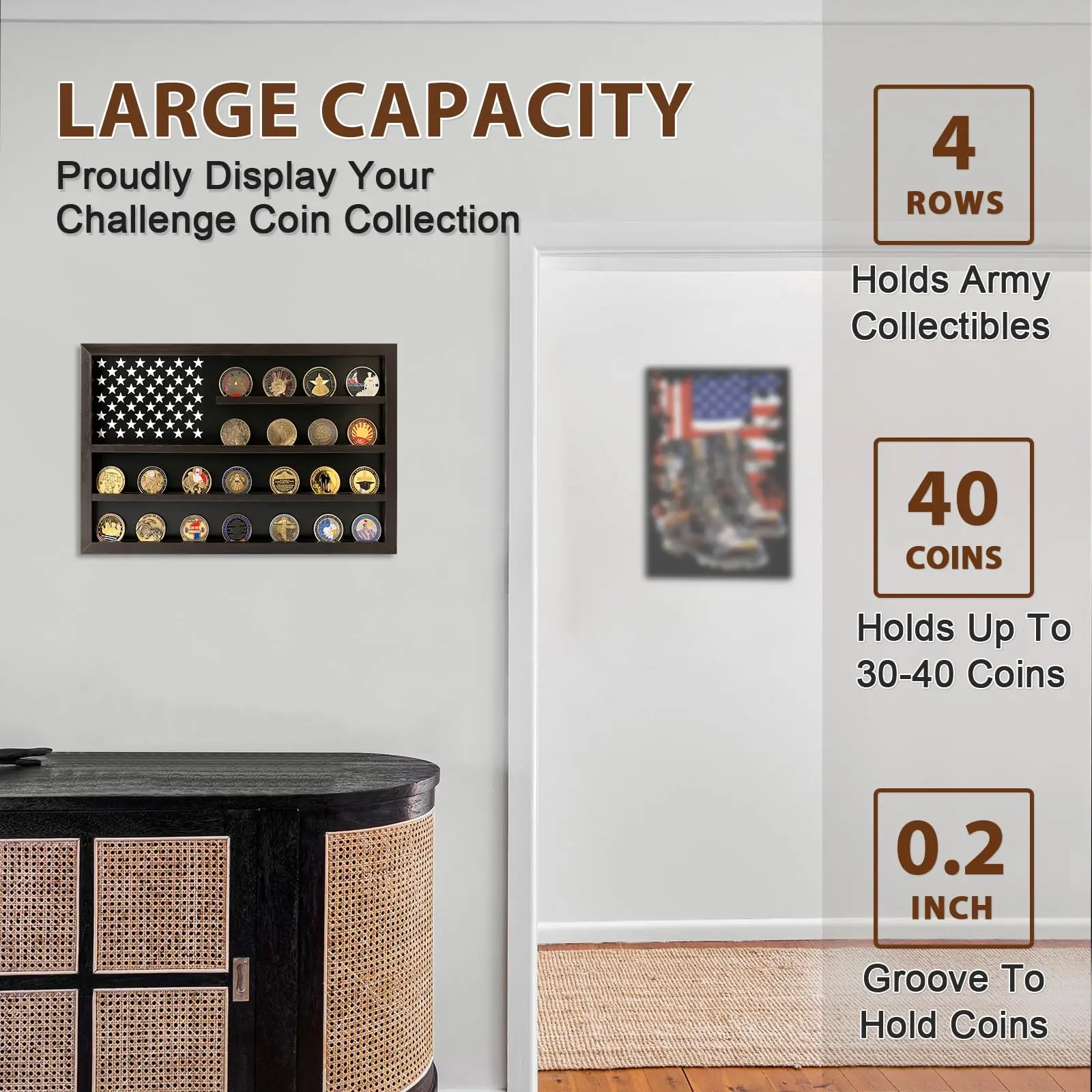 Military Challenge Coins Display Case Holder with American Flag Holds 40 Coins  Wooden Coin Stand Rack with Border