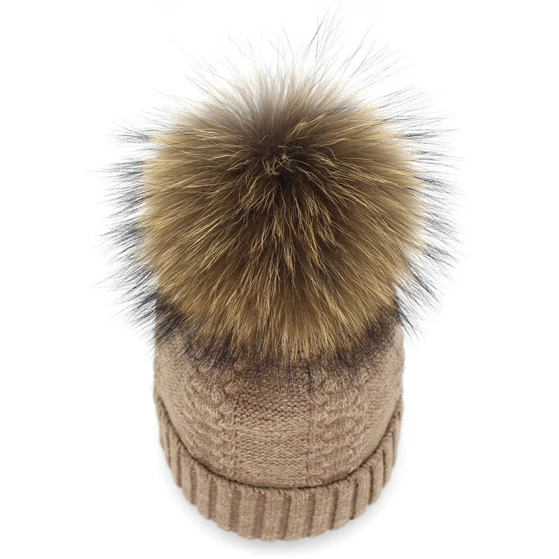 15cm Best selling women  raccoon fur pom poms knitted wool hats