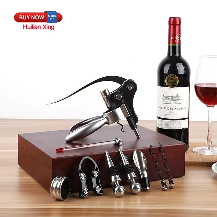 Zinc Alloy 9 Pieces Rabbit Vertical Lever Corkscrew Wine Bottle Opener Wooden Case Box Accessories Set Kit
