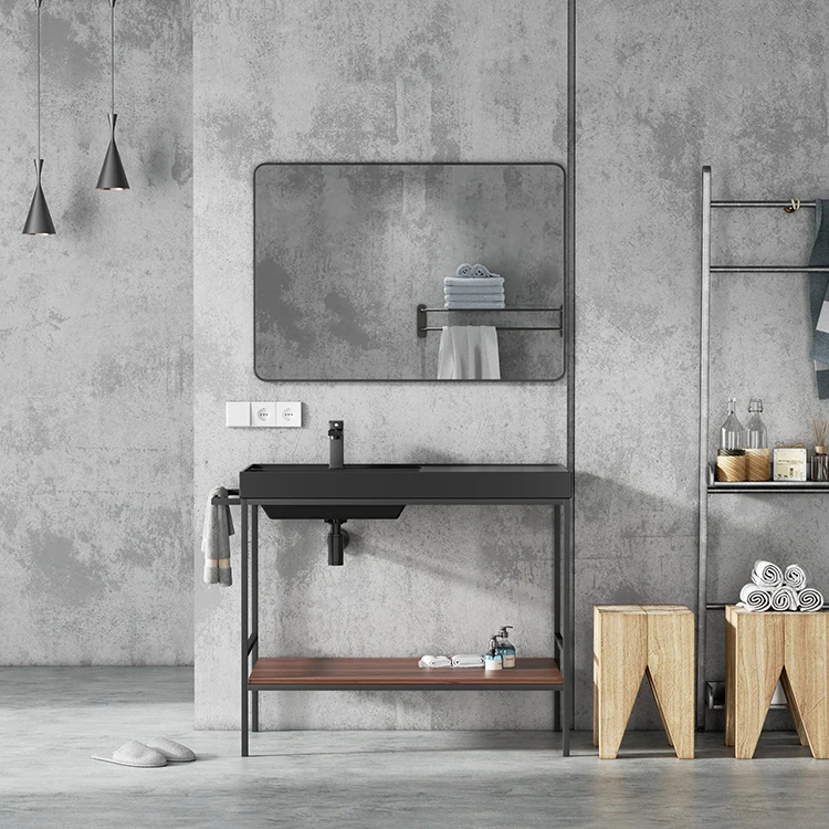 Customized Solid Surface Artificial Stone Wash Hand Basin Elegance Black Washbasin Bathroom Sink With Standing Legs