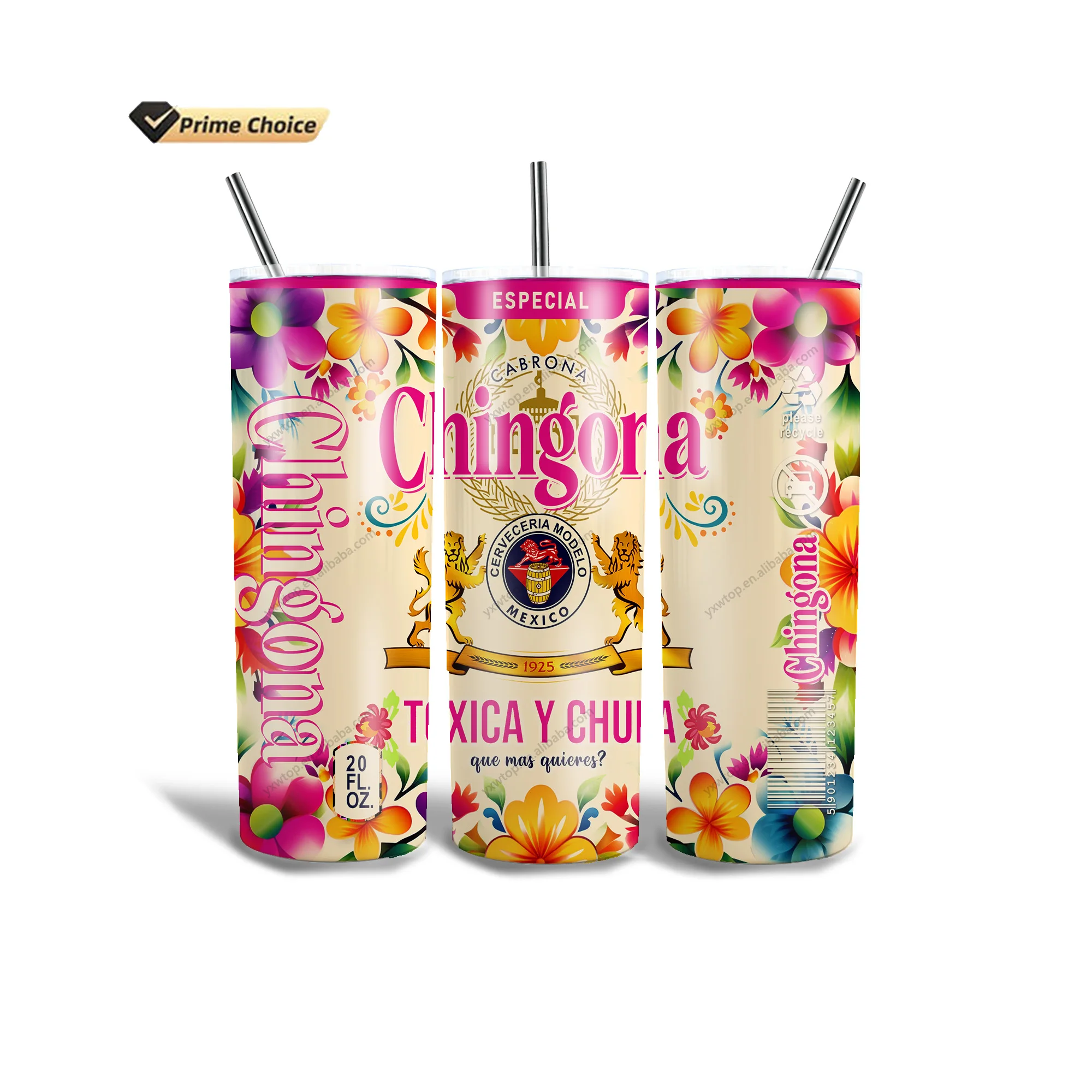 Custom Design Chingona Toxica Y Chula 20oz Insulated Stainless Steel Skinny Tumbler Travel Mug with Spill Proof Rubber Gasket