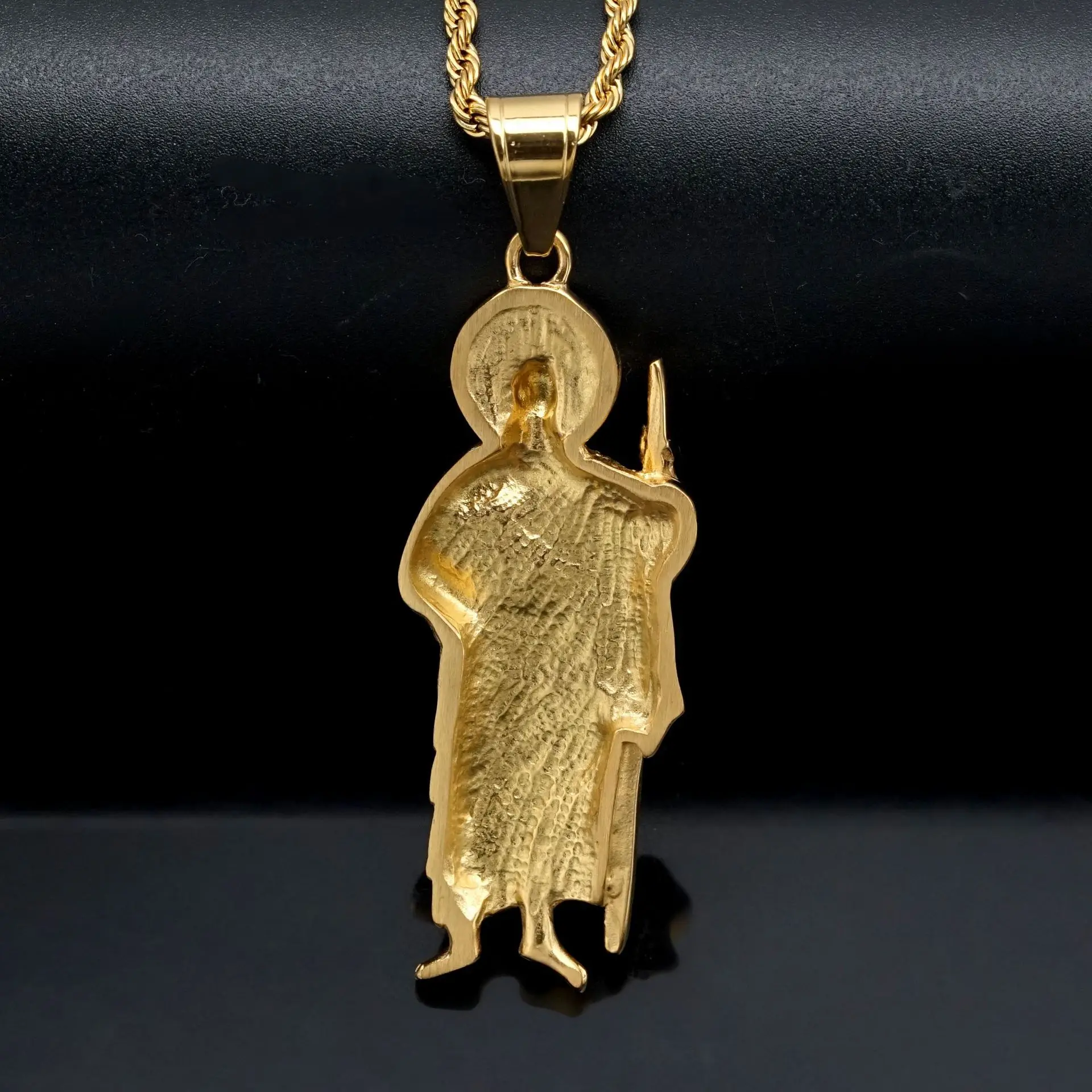 Religious Gold Plated San Judas Pendant and Rope Chain Statement Necklace Stainless Steel St Saint Jude Pendant Necklace