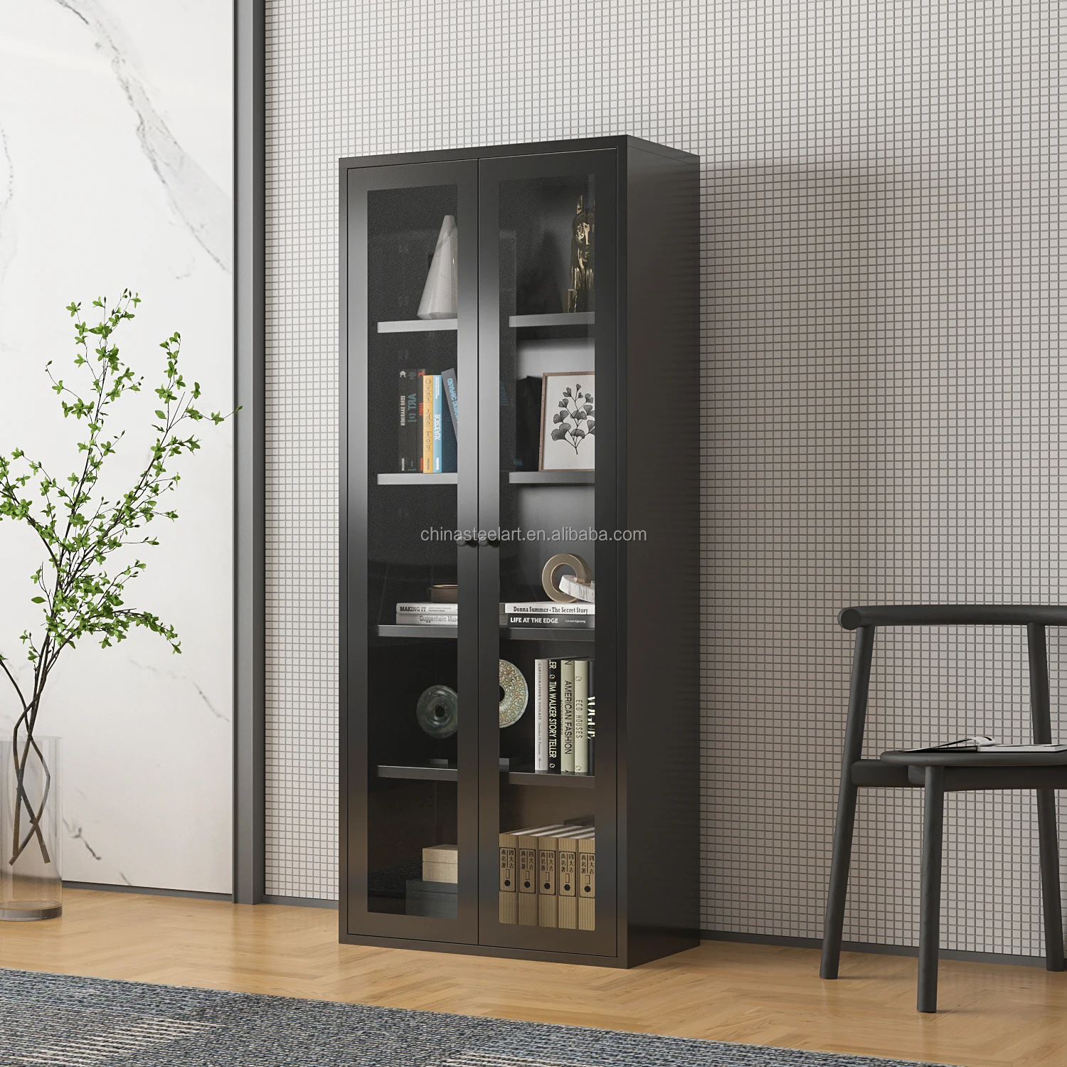 2 Swing Door Steel Storage CabinetH1700*W700*D350 with Glass Door Corner Steel Modern Floor Standing bookcase Office Furniture