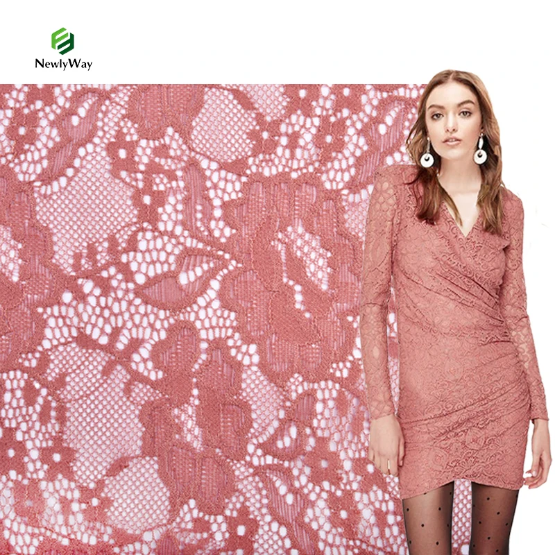 Fujian Wholesale Nylon And Spandex Custom Color Power Mesh Guipure Floral French Knit Jacquard Lace Fabric For Dress