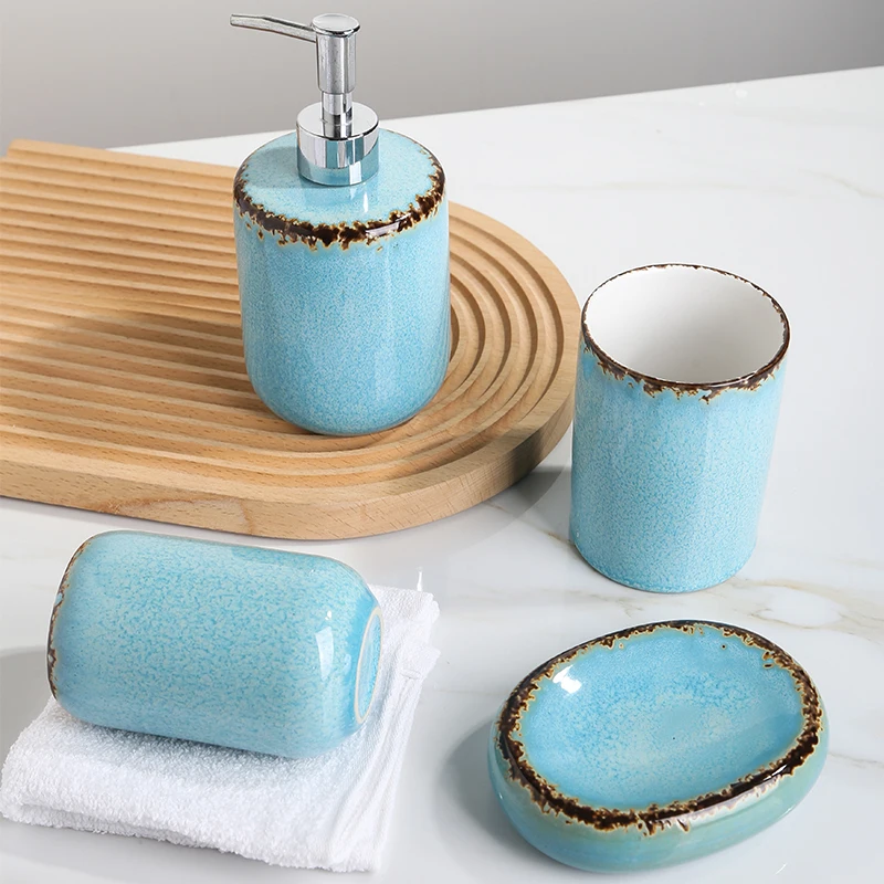 Customized Blue Glazed Hotel Shower Used Hand Soap Dispenser Ceramic Bathroom Set Bathroom Products Accessories Set