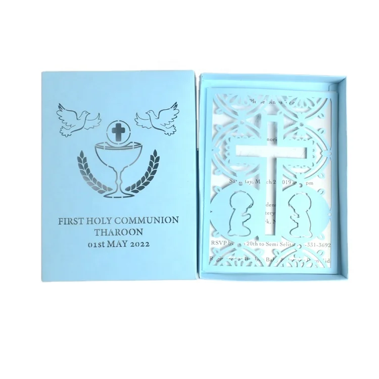 Baby blue boy laser cut cross baptism invitation card for holy communion