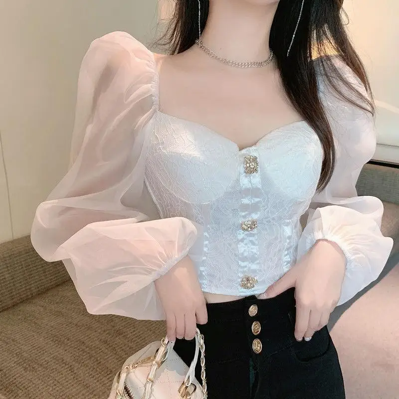 HANO Women Sexy Lace Shirts Long Puff Sleeve Unique Off Shoulder Spring Casual Short Tops Clothes French Style Blouse Shirt