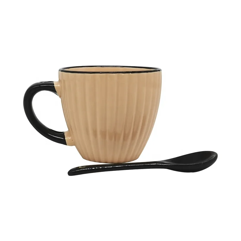 2022 New design coffee mug ceramic mugs cup with spoon with Embossed stripe