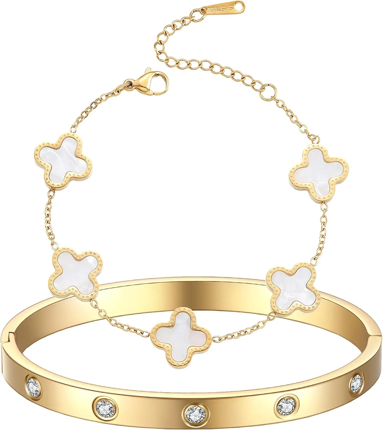 Trendy 18K Gold Plated Stack Cute Simple Friendship Bracelet Lucky Link Bracelets Clover Bracelet Love bangle Set for Women