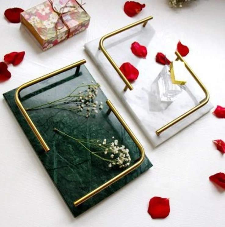 Luxury Plate Dinner Plate Jewelry Display Serving Plate Tray Rectangle Hotel Marble with Handle Set for Restaurant Home Decor