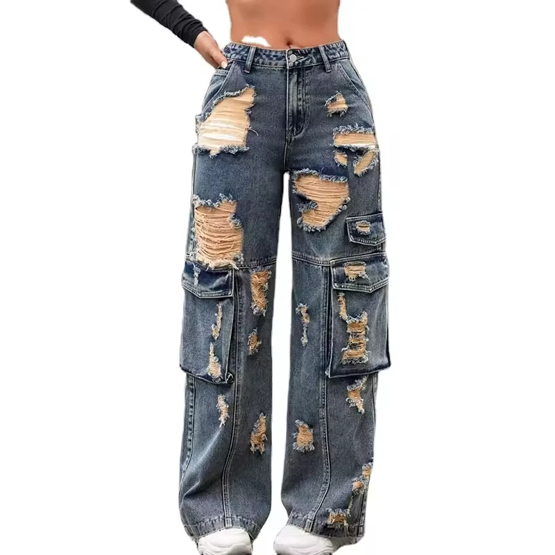 Custom High Street Women Baggy Trousers High Rise Multi Pockets Faded Washed Denim Wide Leg Cargo Jeans 100% cotton jeans