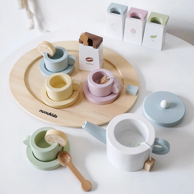 NUNUKIDS Kids Wooden Afternoon Tea Set Toy Children Play House Dessert Set Girls Combination wood Toys Snack Party
