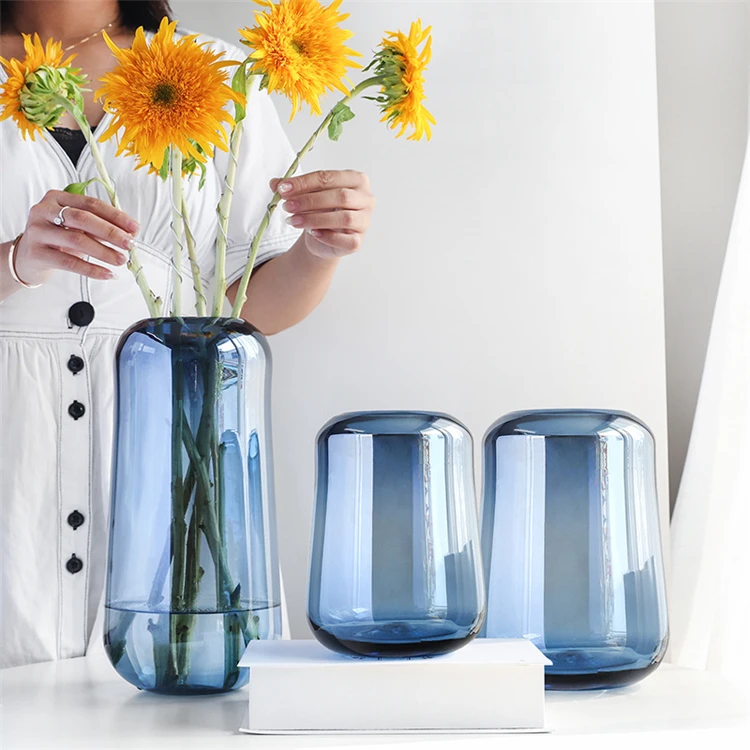 Gray Blue Big Hotel Tall Cone Shape Flower Large Vases in Glass