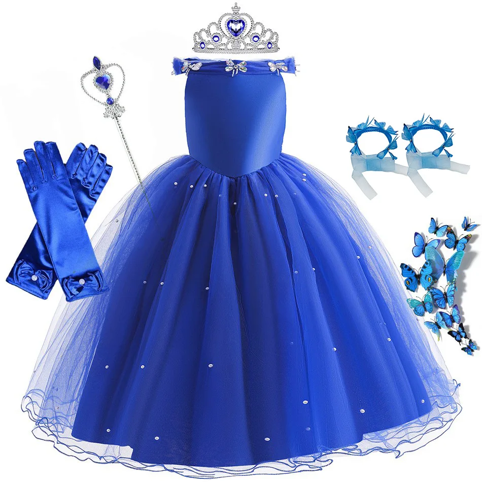 Hot Sale Cartoon Character Princess Cosplay Royal blue yarn Dress Costume with Accessories Halloween Girl Carnival Party