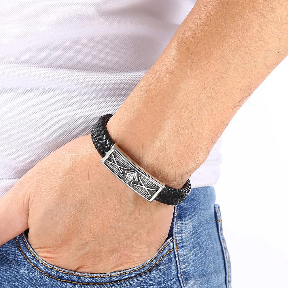 Wholesale Stainless Steel Pirate Sword Charm Magnet Clasp Braided Genuine Leather Bracelet For Men
