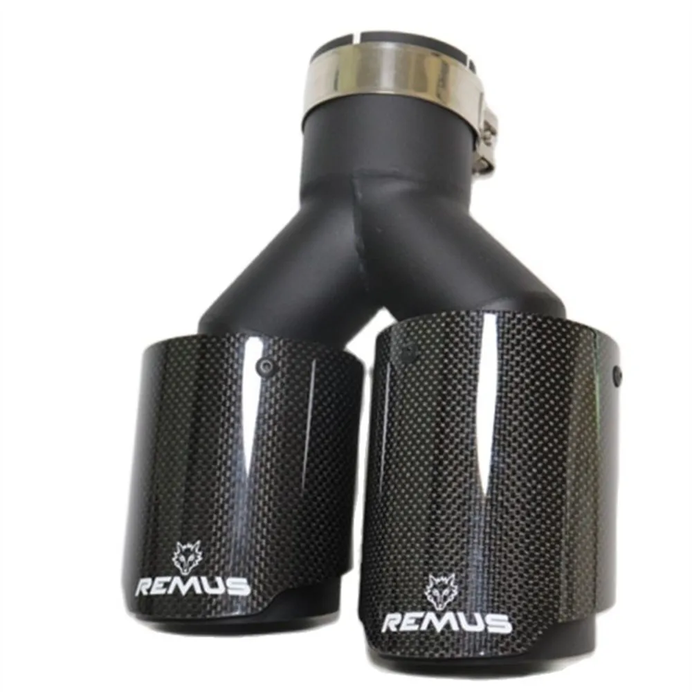 2PCS Remus Logo Dual Matt Carbon Fiber Exhaust Tip 304 Stainless Steel Exhaust Pipe Straight Flange Muffler Tip For Volvo BMW