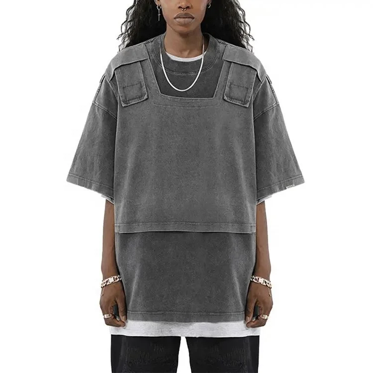 Luxury Double Layer Y2k Vintage Tshirt Streetwear Heavy Cotton Tshirts Men Hip Hop 300gsm Heavyweight Wash T Shirt
