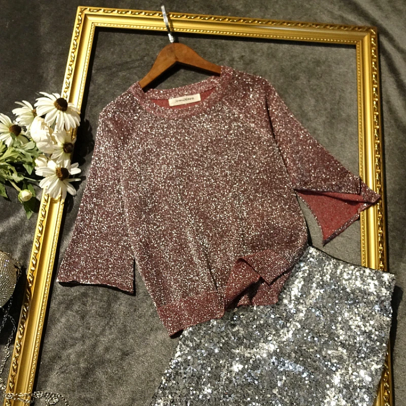 Summer 2022 Bling Half Sleeve Slit T Shirt Women Korean Style Slim Fit Knitted T Shirt Female Korean Fashion Shirt Top