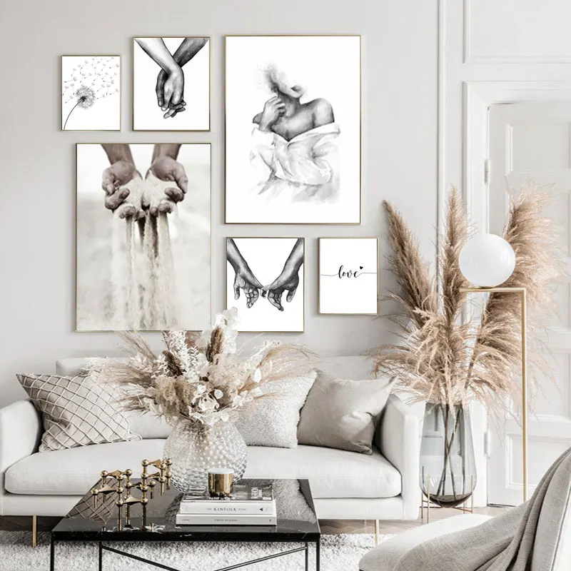 Black White Romantic Hand In Hand Canvas Painting Love Quotes Wall Art Poster Print Fashion Picture Couples Lovers Room Decor