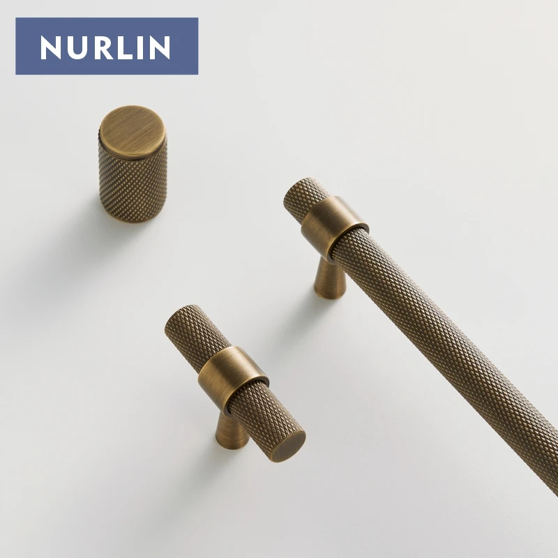 Nurlin Solid Brass Knurled Art Deco Retro Antique Industrial Style Cabinet Wardrobe Drawer Handle T-bar Pull