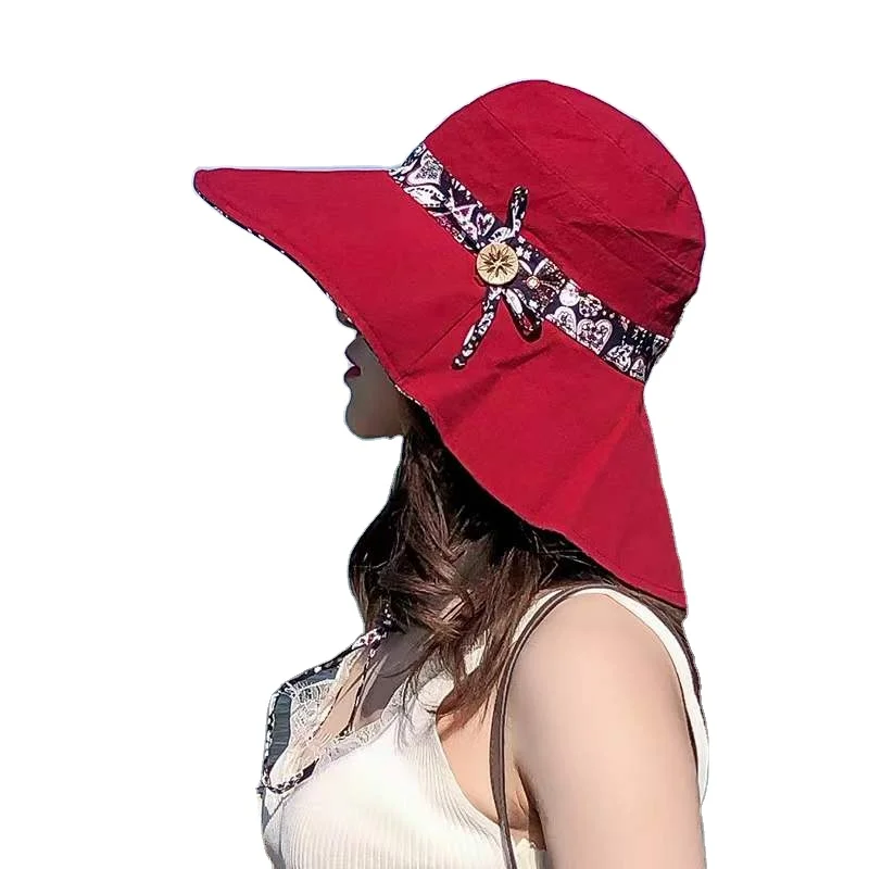 Reversible All Over Print Cotton Bucket Hat Finished With  Printed Fabric Neck Tie Beach Hat