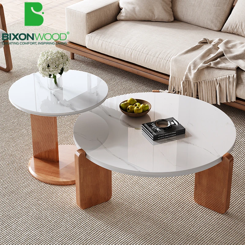 BIXONWOOD Modern Minimalist Marble Slab Stone Top Coffee Table Modern Simple Solid Wooden Base Sintered Coffee Table For Home