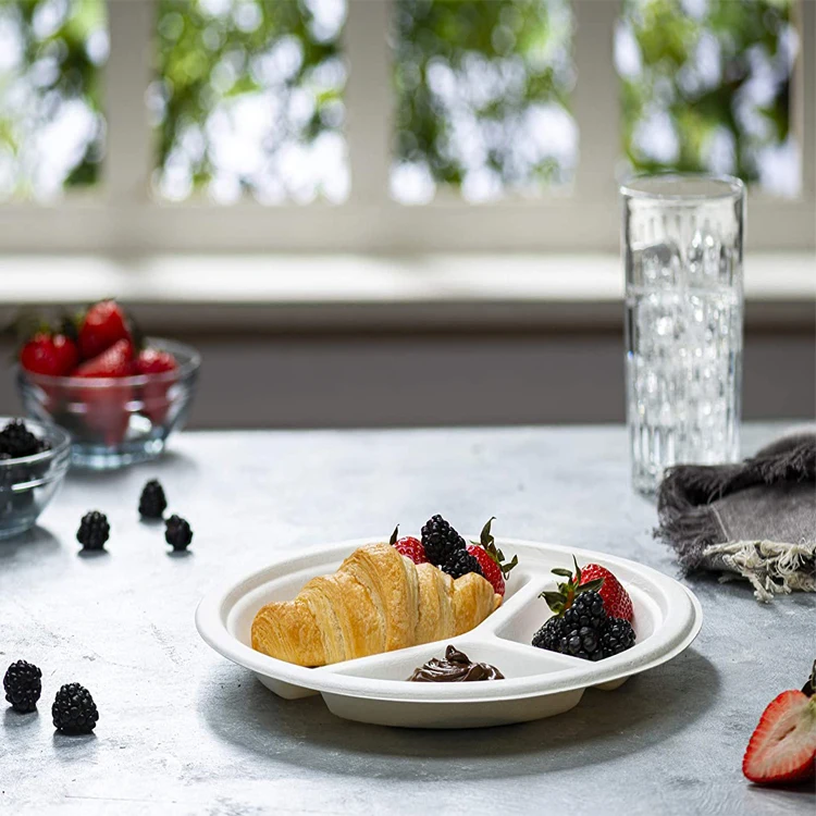 
Factory direct bagasse paper plate biodegradable sugarcane bagasse plates 9inch 3 compartment disposable paper plate 