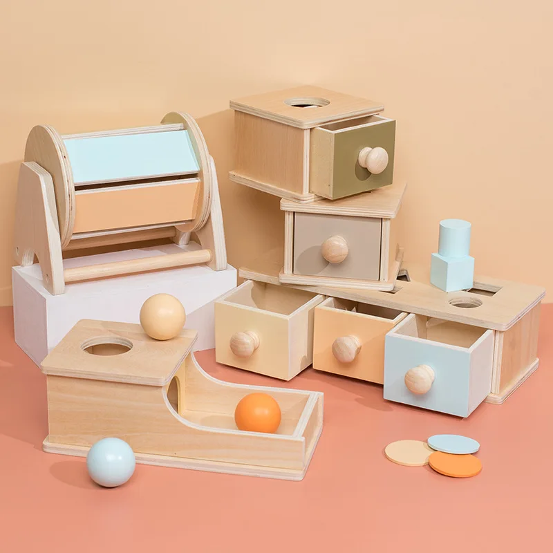 Object Permanence Box Tray and Ball Drop Spinning Drum infant Coin ball montessori wooden toys