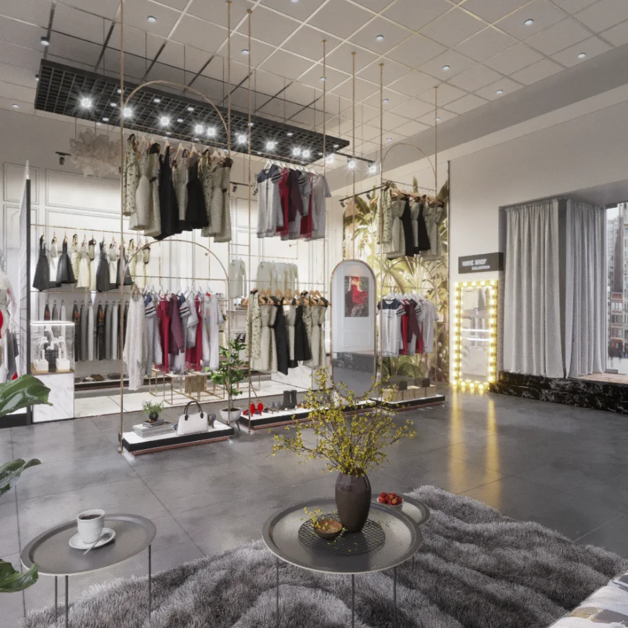 Custom High-end Stainless Steel Garment Store Display Interior Design Hot Retail Clothing Boutique Shop Furniture Decor