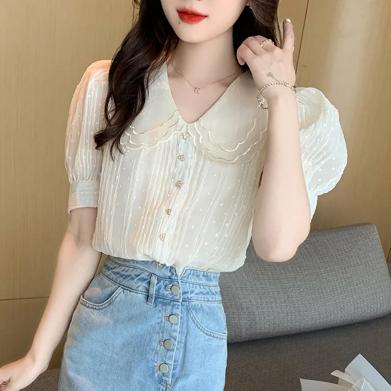 Women Ladies Double Lace Collar Short Sleeve Chiffon Tops and Blouses