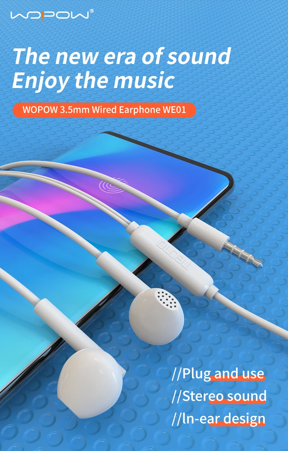 
WOPOW Factory WE01 New 2021 Design 3.5mm Universal Handsfree Microphone Wired Music Headphones Earphone With Mic 