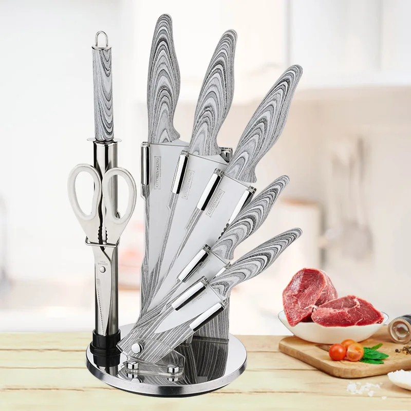 
Kitchen King 8 pcs white wood coated handle chef knife set with rotating stand 