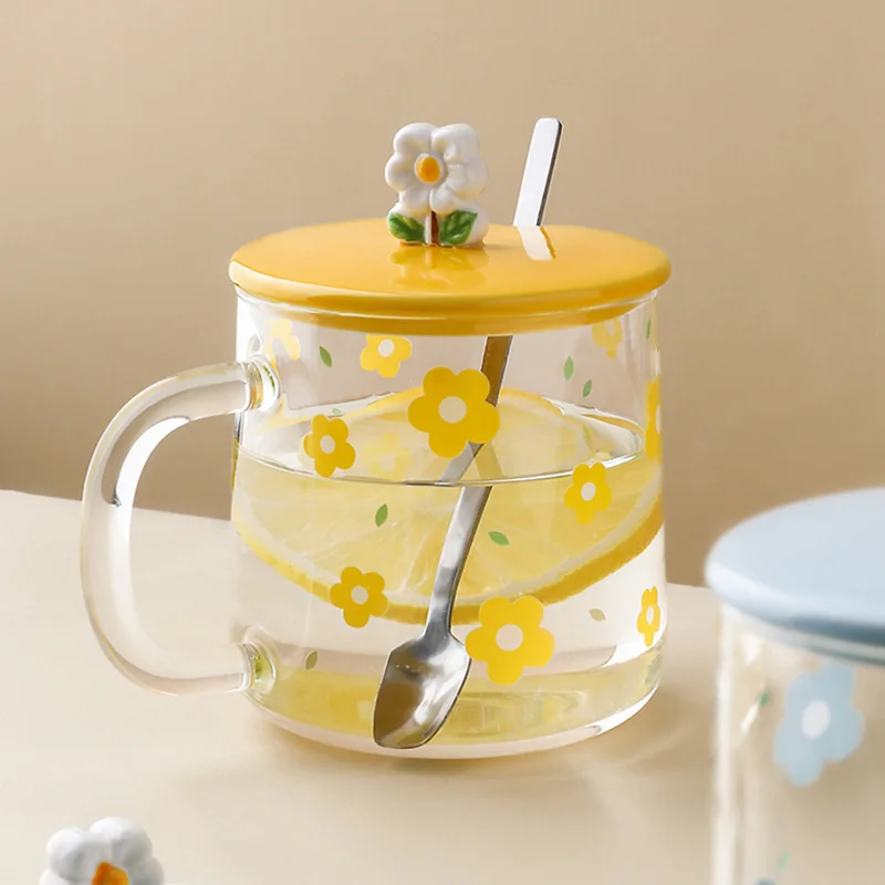 2022 Manufacturers Wholesale Cute Printed Cartoon Glass Home Super Stereo Flower with Lid and Spoon Breakfast Coffee Mug