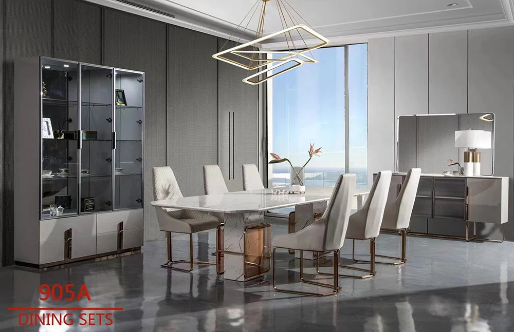 Modern Luxury Design Dining Room Table  Rectangle Shape Table 8 Chairs Dining Table Set Stainless Dining Room Furniture Set