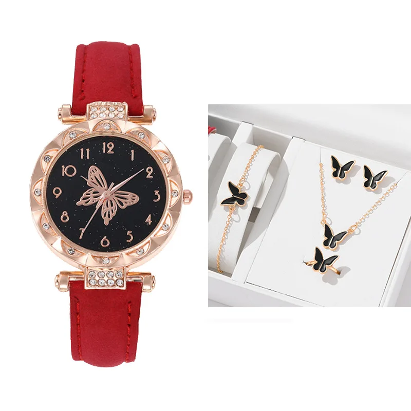 5PCS/Set Butterfly Necklace Earring Ring Bracelet Watch Gift Set Fashion Butterfly Buckle Leather Watch Strap Watches Jewelry