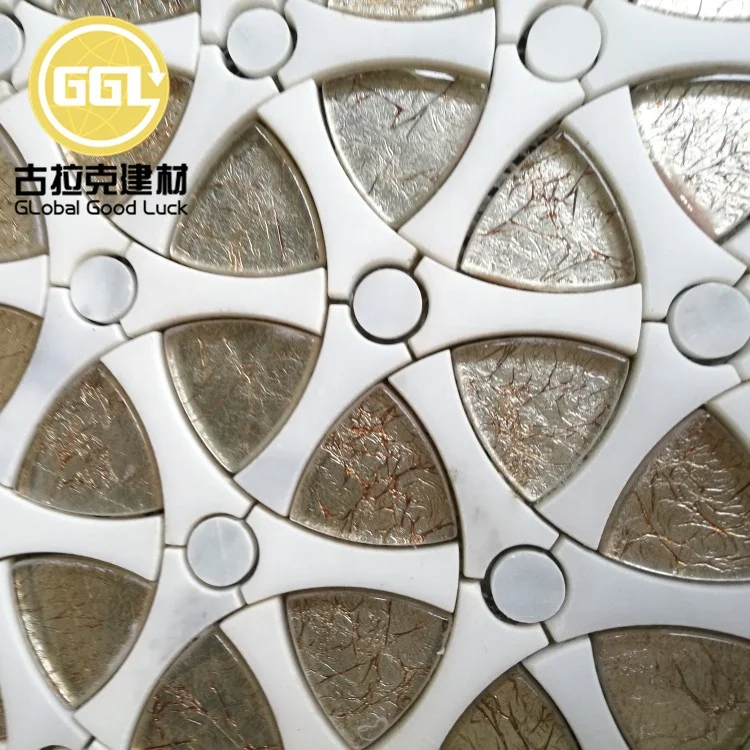 Gear Shape Design Mosaic Tile White Marble Mix Gold Waterjet Pattern Mosaic Tile for Home Wall Decor