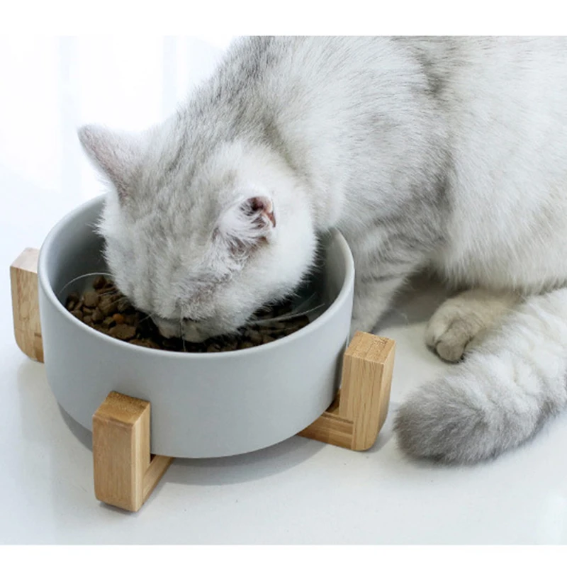 
Jade-cer wholesale color glazed ceramic pet dog cat food and water bowl with wooden frame stand 
