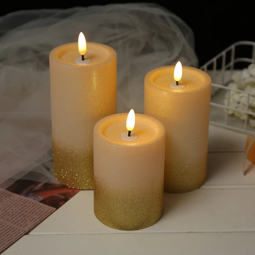 New Arrival  3D Real Plastic Gold Dust Design Led Flameless Candle Lights For Home Garden Wedding Favors