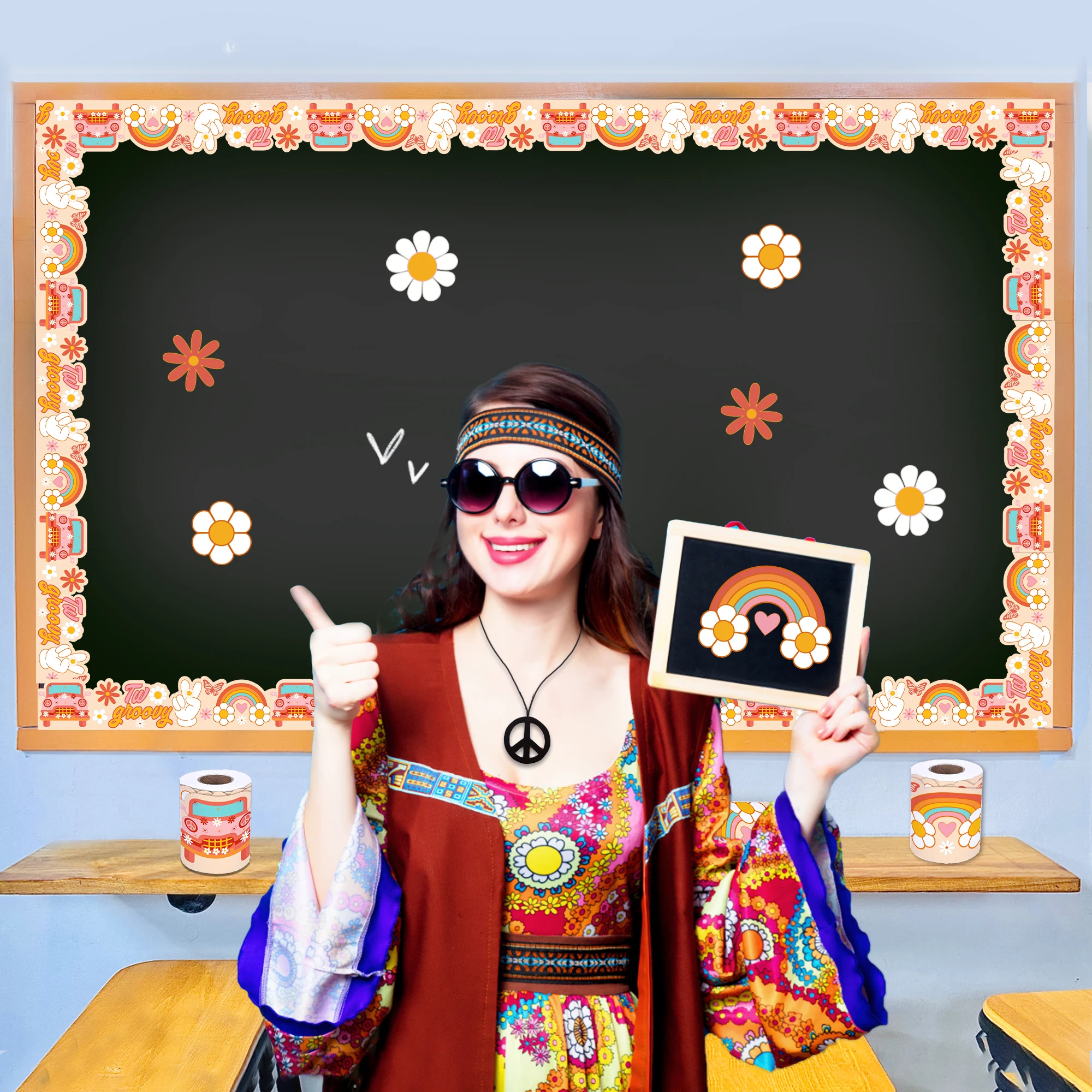 JT022 Hippie Roll Sticker Rainbow School Bus Pattern Self-adhesive Sticker Blackboard Decoration for Party Decoration Supplies