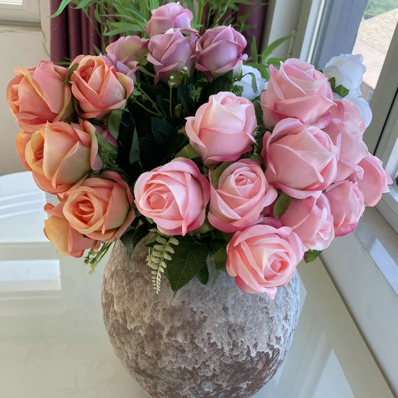 Hot Sale Wholesale 12 Heads Wedding Decorations Blush Pink Rose Bouquet Artificial